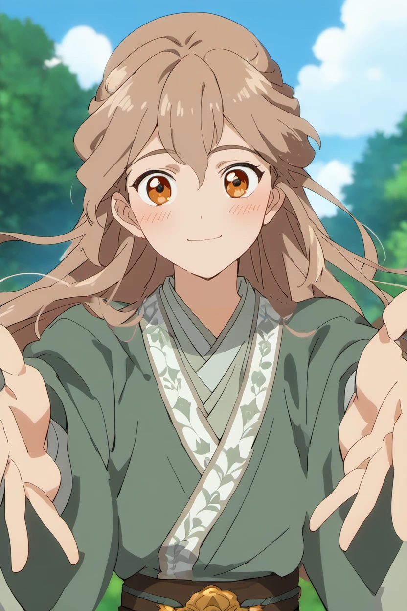 score_9, score_8_up, score_7_up, masterpiece, best quality, 1boy, solo, young boy, blush, smile,  <lora:Anime_Screencap:1.3> anime screencap,   <lora:ShenTafeiPony_V2:1> shentafei, green hanfu, long hair, light brown hair, ginger eyes,  <lora:Incoming_Hug_Pony:0.8> incoming hug