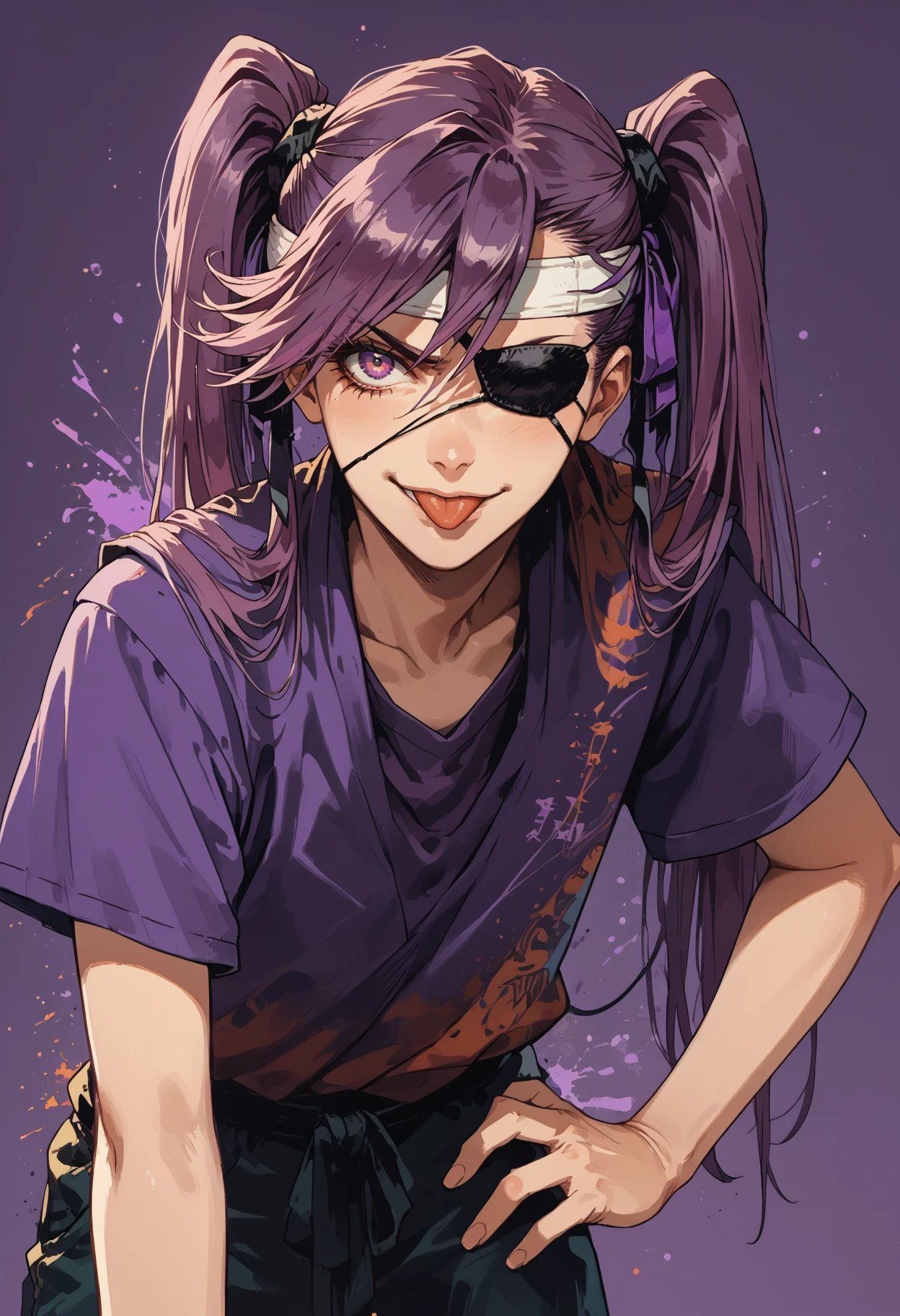 score_9, score_8_up, score_7_up, 1girl, upper body, purple shirt, short sleeves, hand on hip, leaning forward, tongue out, smiling, frown, looking at viewer, purple background, eyepatch, fuchsia paint splatter, white headband, <lora:Kenva:0.5> knva, halftone effect, <lora:Neon_Splash_Art_for_Pony:0.5> mad-cbrpnksplshrt, <lora:ryth-saito-furoufushi:1>, saito_furoufushi