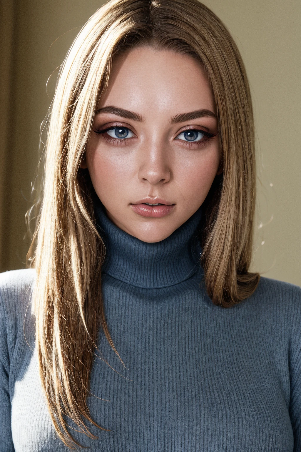 mndngwmn, (blue eyes:0.4),turtleneck sweater, , (ultra realistic, 8k,high quality), natural lighting, (wearing makeup:1.1),