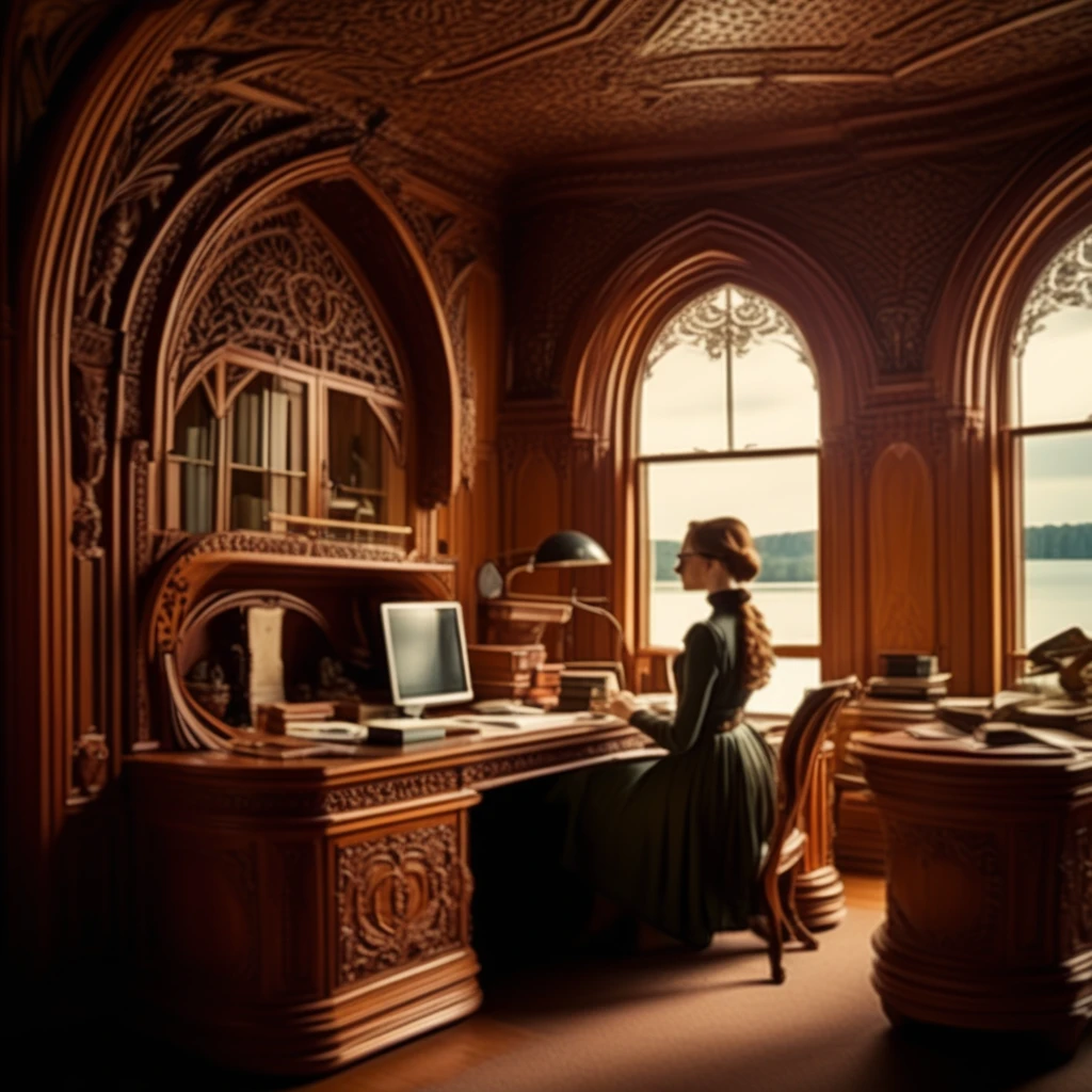 a woman works in an office, full of Victorian and retro futuristic furniture, elaborately carved wood trim, intricate details, beautiful vie from the window of a lake