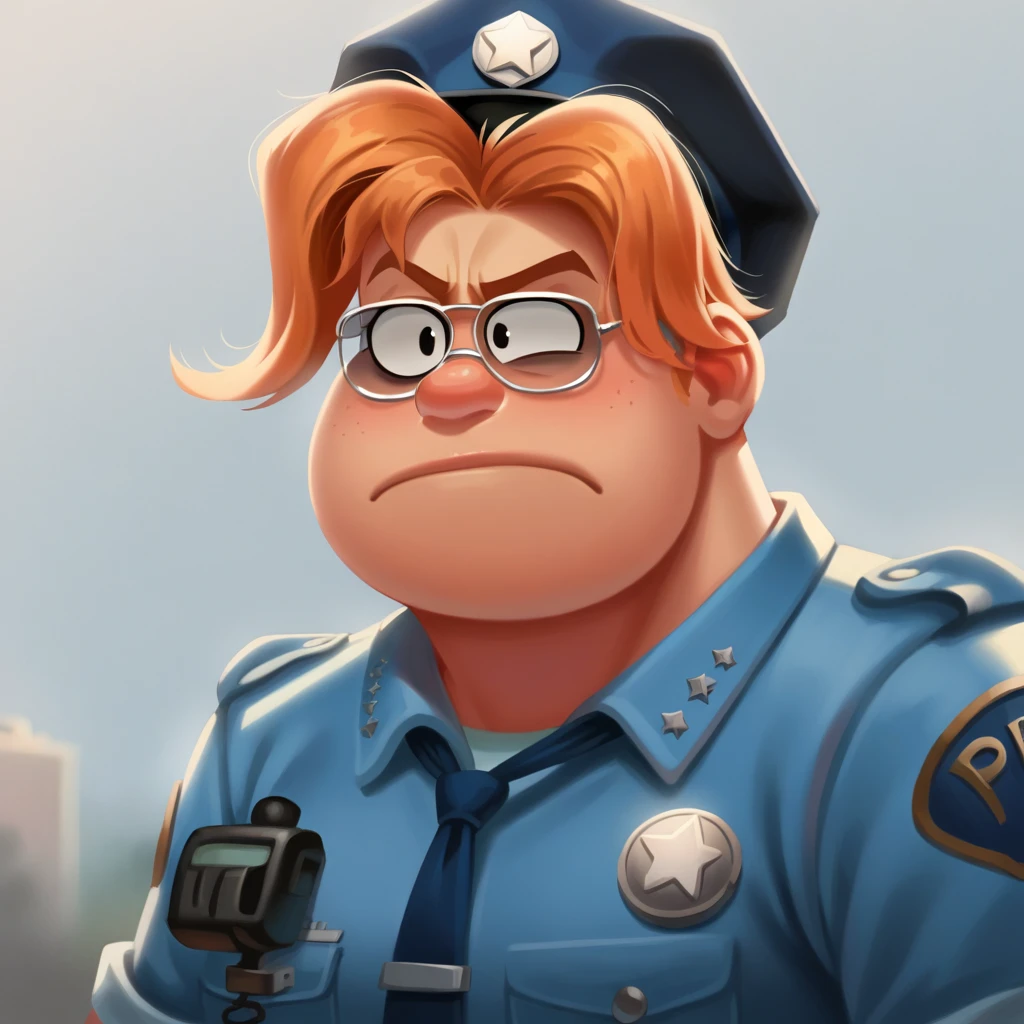 score_9_up, BREAK,  MISTYLUGGINS, 1girl, solo,  orange hair, black eyes, glasses, hat, blue shirt, necktie, police, upper body, depth of field,  <lora:MistyLuggins_PXL_Leaf1:0.8>