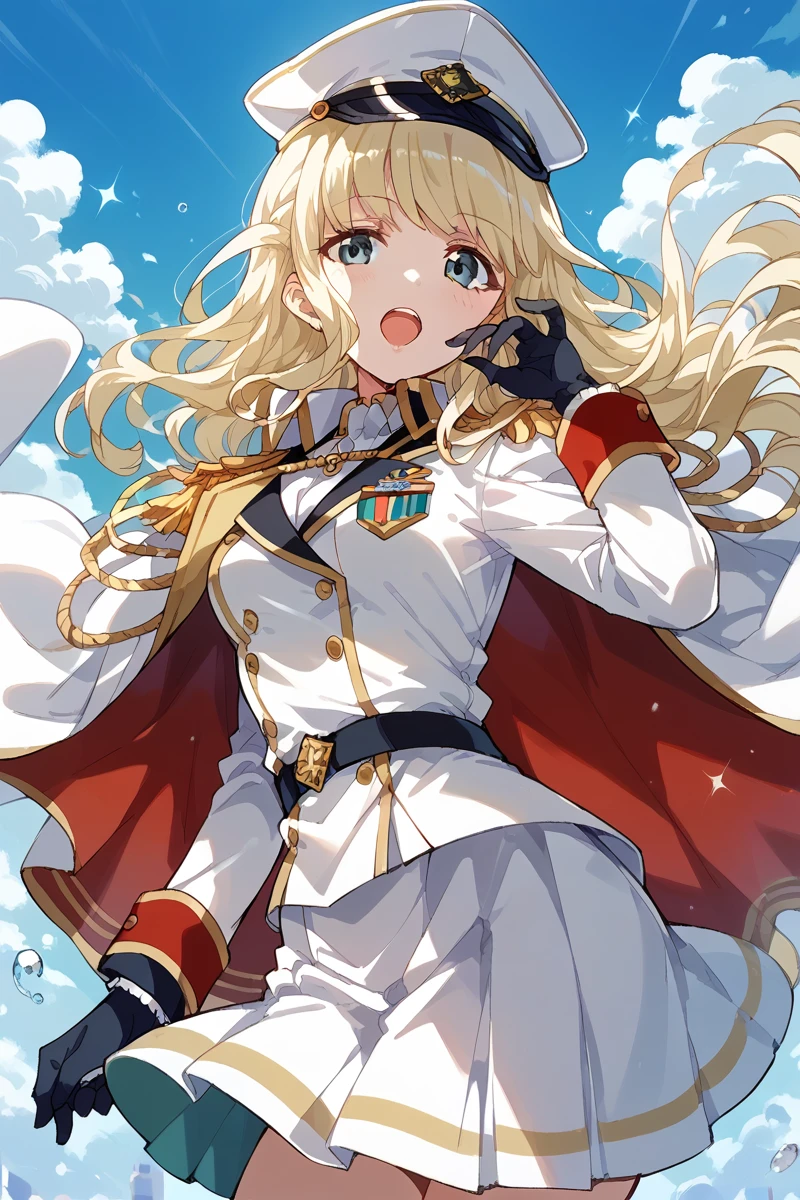 score_9, score_8_up, score_7_up, score_6_up, 1girl,
 <lora:Shiori_Yumeoji:0.9> shiori, blonde hair, hat, solo, black gloves, looking at viewer, long hair, white uniform, military uniform, military, skirt, peaked cap, epaulettes, cape, open mouth,