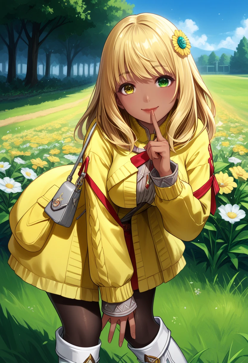 score_9, score_8_up, score_7_up, 1girl, solo, looking at viewer, cowboy shot, 
 <lora:QueenBFFxivDwnsty:1>, qbhuman, yellow jacket, blonde hair,  long hair, dark-skinnded female, heterochromia, green eyes, yellow eyes, hair ornament, yellow coat, handbag, black pantyhose, knee boots, white legwear,
smile, large breasts, smile, lips, leaning forward, finger to mouth, 
outdoors, nature, grass, flower field, blue sky,