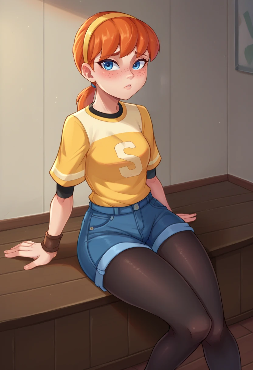 score_9,score_8_up,score_7_up BREAK <lora:april2012v1:1>,april2012,1girl,solo,blue eyes,freckles,shirt,ponytail,pantyhose,hairband,shorts,orange hair,black pantyhose,wristband,blue shorts,room,room background, sitting,