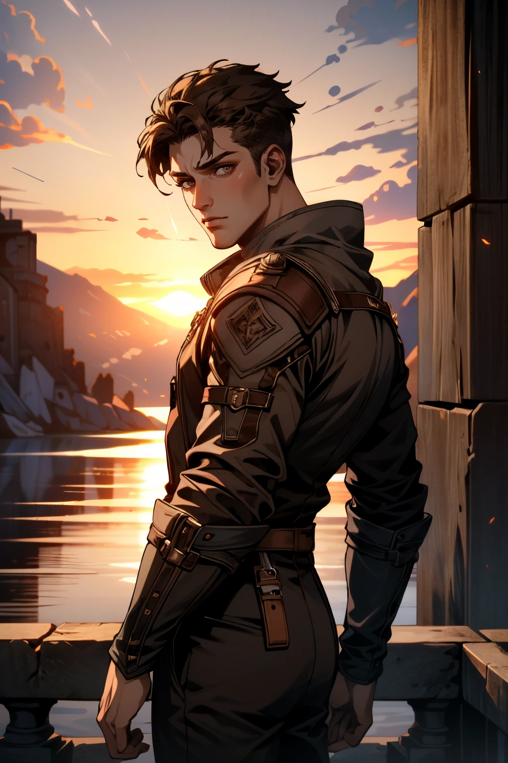 ((ultra detailed, masterpiece, absurdres))
 <lora:DAIMaleMain:0.8>
DAIMaleMain, 1boy, short hair, brown hair, looking at viewer, in front of dramatic sunset