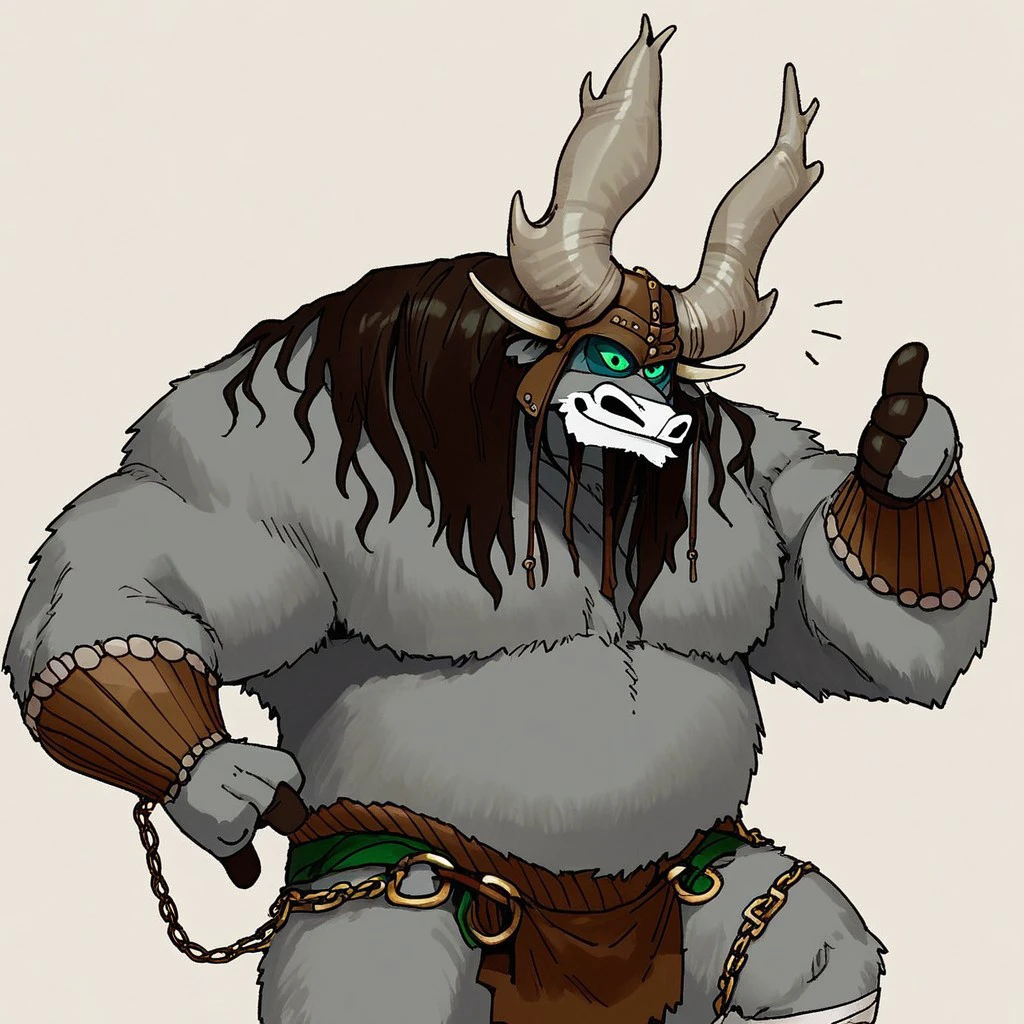 score_7_up, score_8_up, upper body,
BREAK
1boy,  packkai, bull, big horns, long hair, helmet, bracers, loincloth, waistbelt, chains,  leg wraps, thumbs up, simple background,