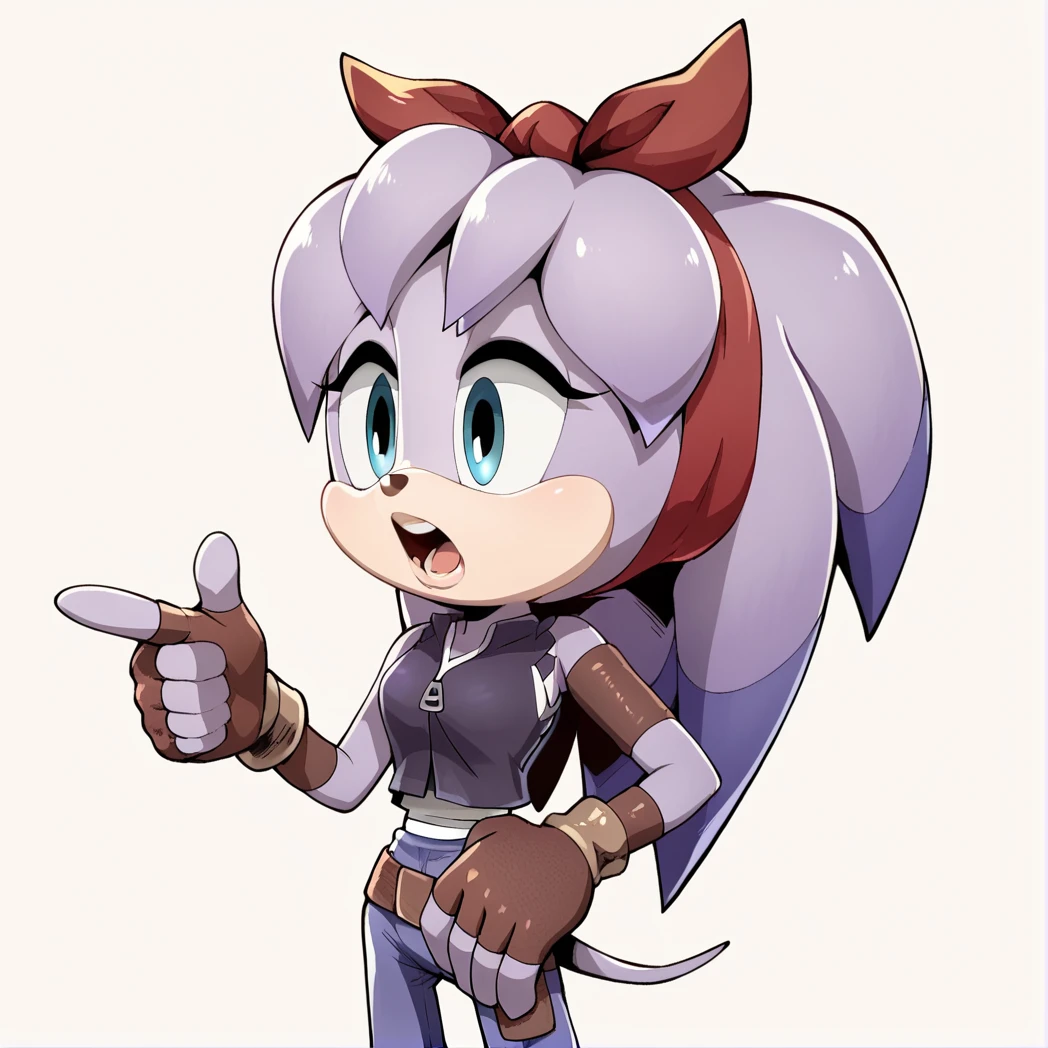 score_9, score_8_up, score_7_up, score_6_up, score_5_up, score_4_up, BREAK,  <lora:percibandicoot:1>,  perci bandicoot, 1girl, solo, open mouth, simple background, gloves, white background, ribbon, animal ears, standing, tail, hair ribbon, fingerless gloves, bracelet, pointing, furry, brown gloves, red hairband, bangle, purple hair, blue eyes, short hair, furry female, hair ribbon , purple fur, body fur