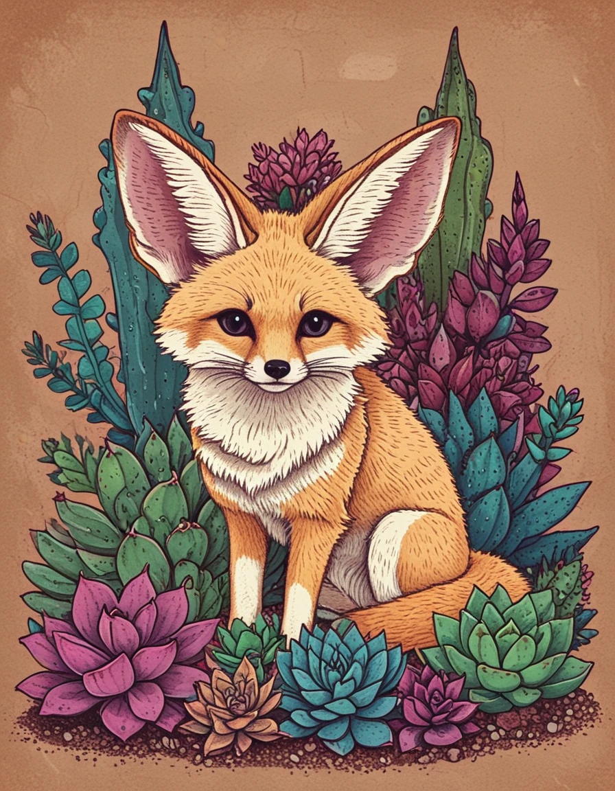 fennec fox, succulents, illustration <lora:novuschroma02 style:1> novuschroma02 style