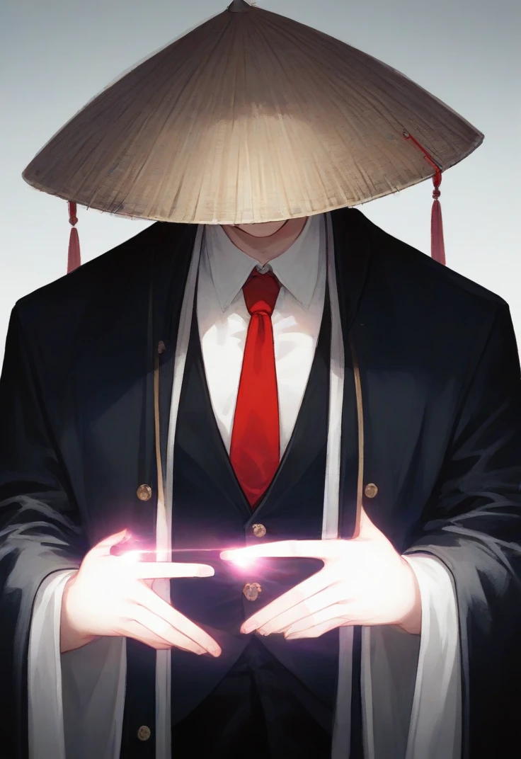 (score_9, score_8_up:1.1), score_7_up, masterpiece, perfect face, beautiful face, perfect hands, beautiful hands, <lora:BHKIm_PM:0.8>, BHKimPM, bamboo hat, 1boy, solo, white shirt, red necktie, black vest, black pants, black coat, open coat, wide sleeves, eyes covered under hat, black glowing, adult, muscular, upper body, head focus, portrait, black gloves