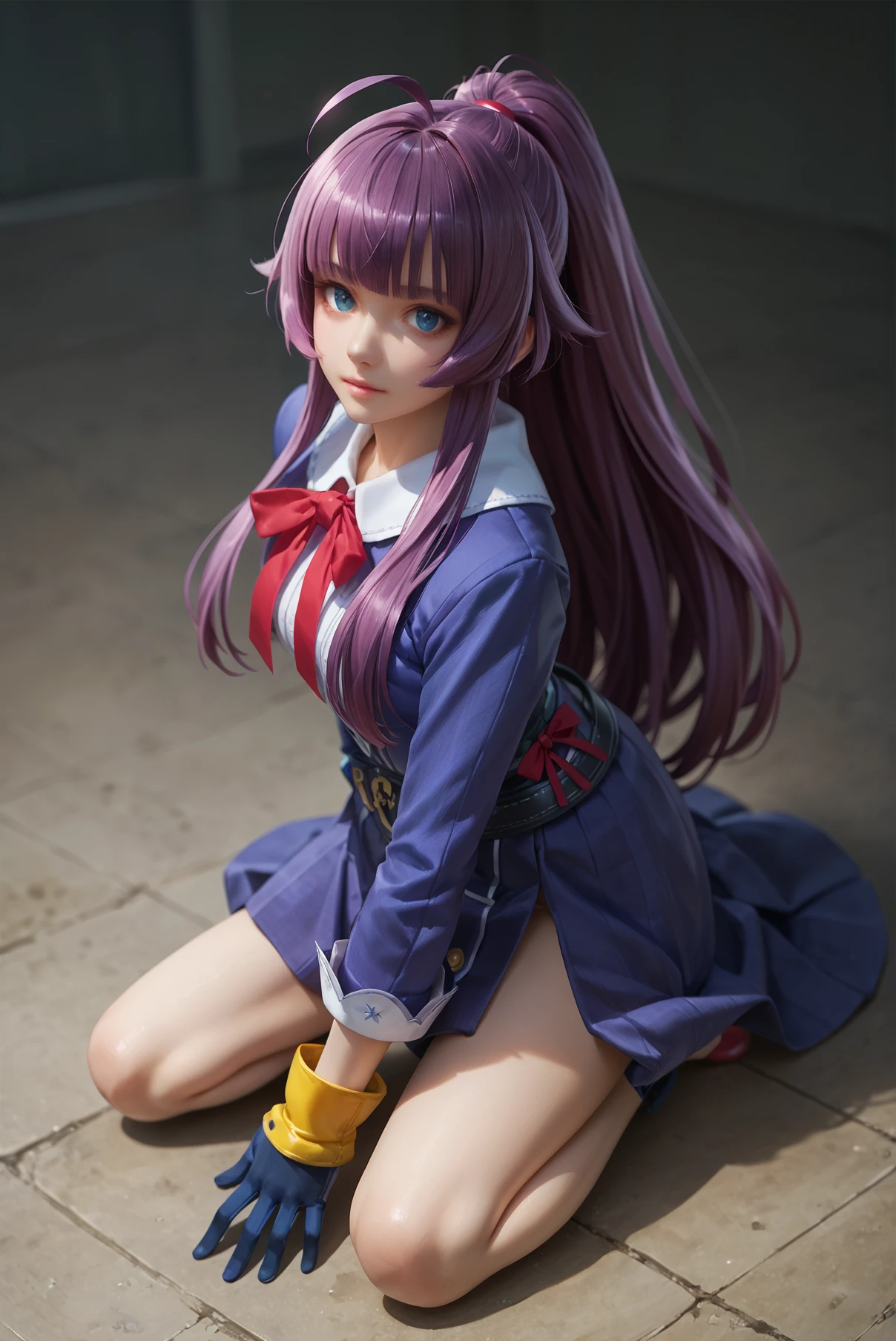 score_9, score_8_up, score_7_up, kneeling, on one knee, <lora:Saaya_Onechanbara_Z2:0.7> 1girl, solo, long hair, purple hair, ponytail, ahoge, blue eyes, gloves, belt, skirt, looking at viewer