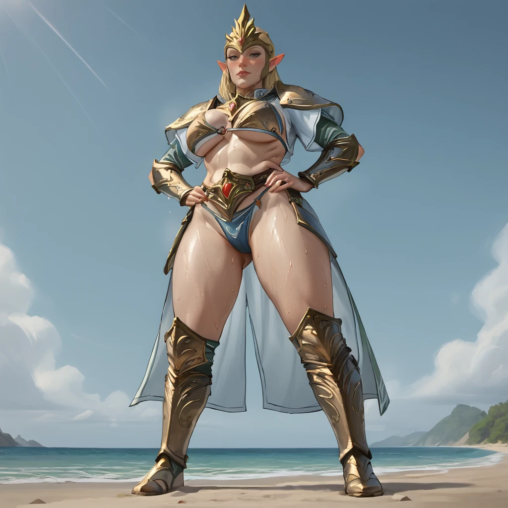 score_9, score_8_up, source_cartoon, full body, low angle shot,
SisterofAverlorn, pointy ears, helmet, blonde hair, mature woman, voluptuous woman,
bikini, bikini armor, beach, hands on hips, looking at viewer, sweaty, wet, blushing, lidded eyes,
<lora:Sisters_of_Averlorn:1>