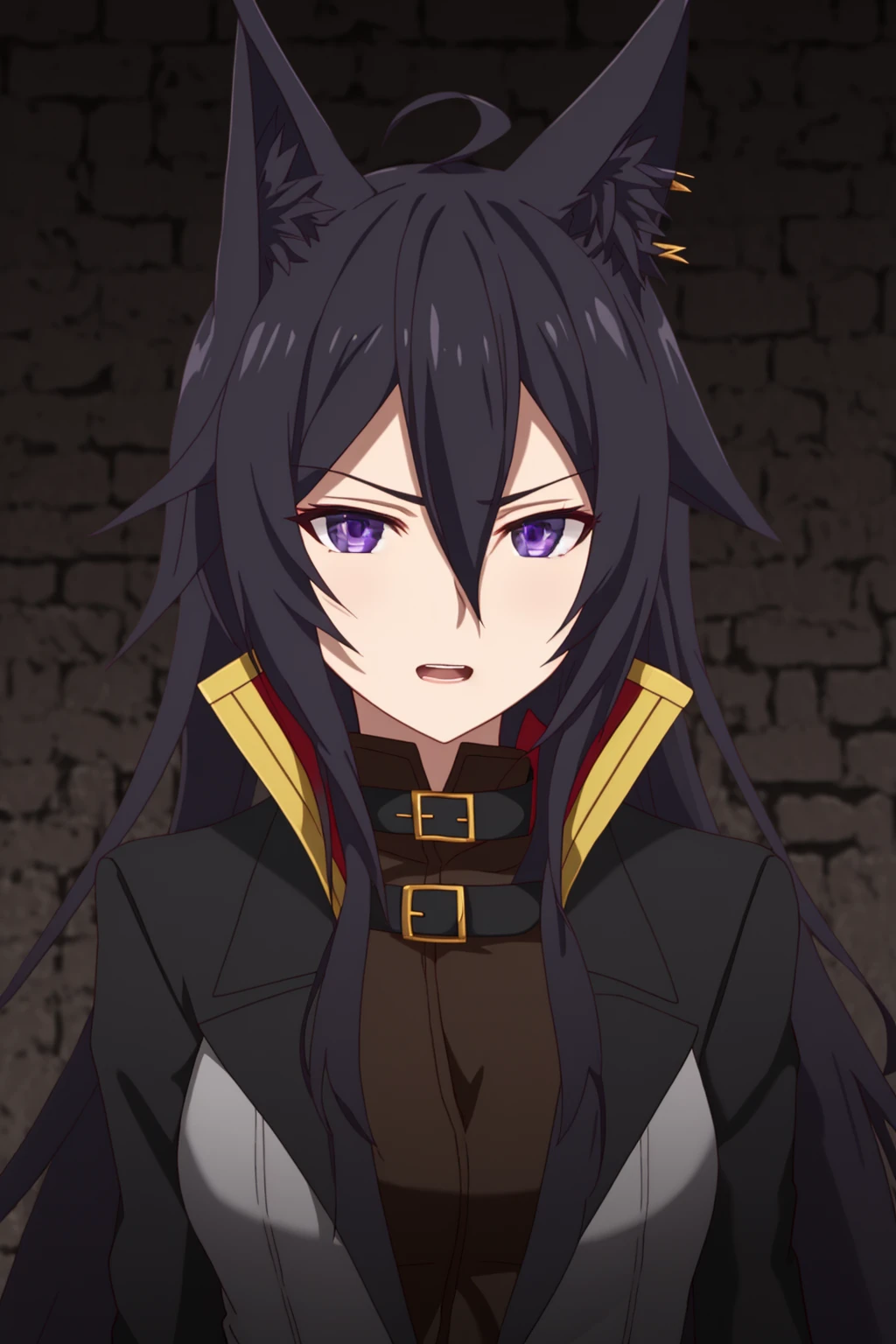 sysdeep_olivia, solo, long_hair, looking_at_viewer, open_mouth, black_hair, animal_ears, hair_between_eyes, purple_eyes, dark, brick_wall, clothes_collar