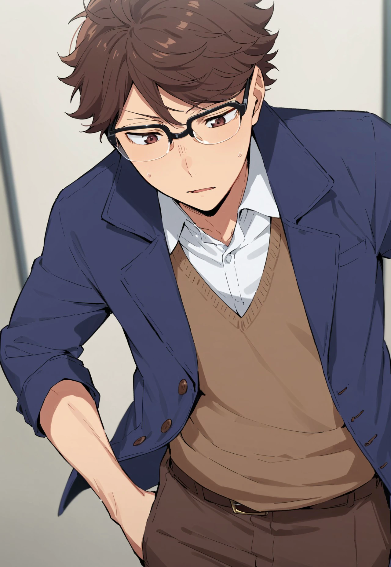 best quality, masterpiece, highres, 1boy, solo, male focus, oikawa_tooru, glasses, blue coat, white shirt, brown vest, brown pants, casual