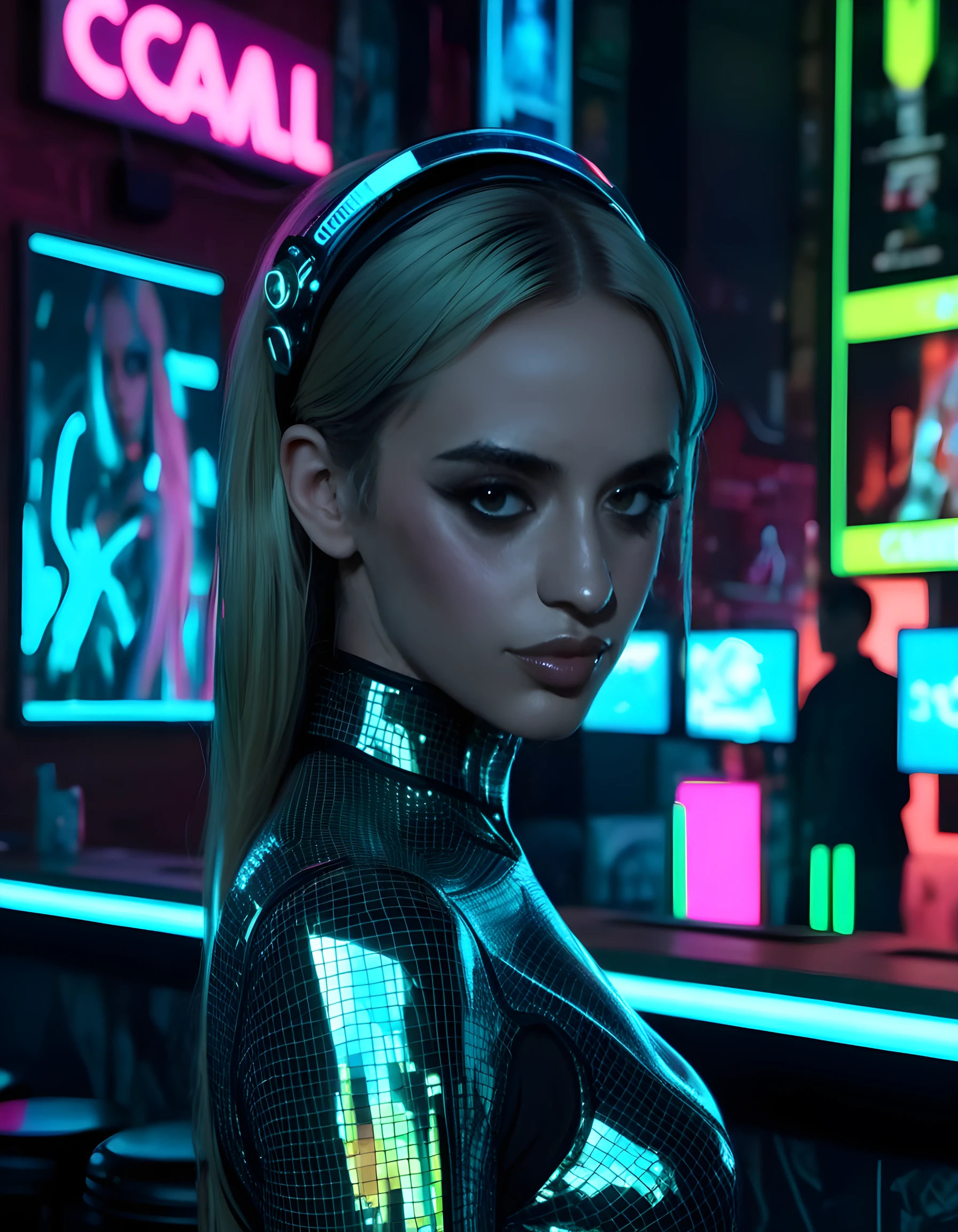 In a dimly lit, steam-filled cyberpunk nightclub set against a backdrop of neon-lit holographic advertisements and towering skyscrapers, the camera captures a close-up image of C4M1LL4, a woman dressed in a unique outfit consisting of a form-fitting, shimmering catsuit with intricate cybernetic enhancements, her face partially obscured by a sleek, mirrored visor. Her piercing green eyes lock onto the viewer's soul, her lips curled into a knowing smirk, exuding an air of confidence and mystery as she casually leans against the cool metal edge of a glowing holographic bar counter, her cybernetic arm flickering with digital energy, casting an ominous glow on her features.