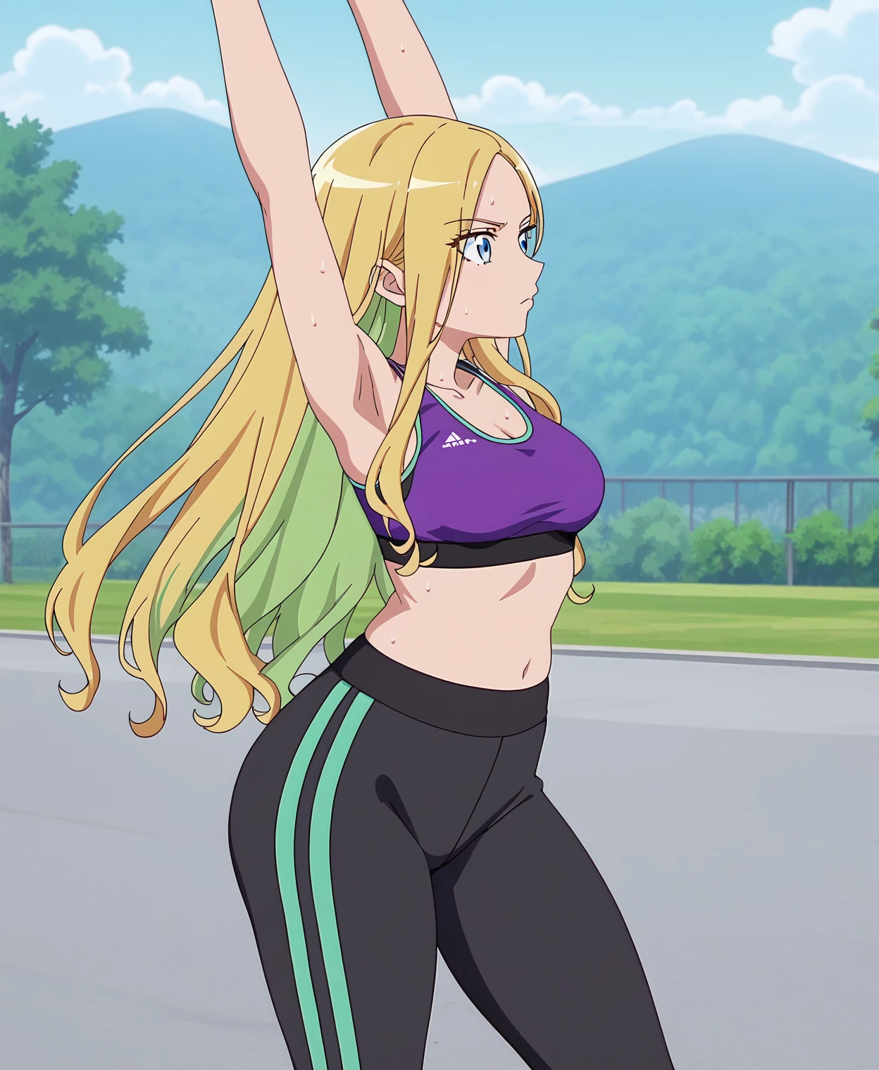 anime screenshot, anna aveiro, stretching, sportswear, yoga pants, sports bra, green top, purple top, black pants,
blonde hair, long hair, green inner hair, blue eyes, (sweat:0.8), solo, 1girl, outdoors, thighs
<lora:anna:1>