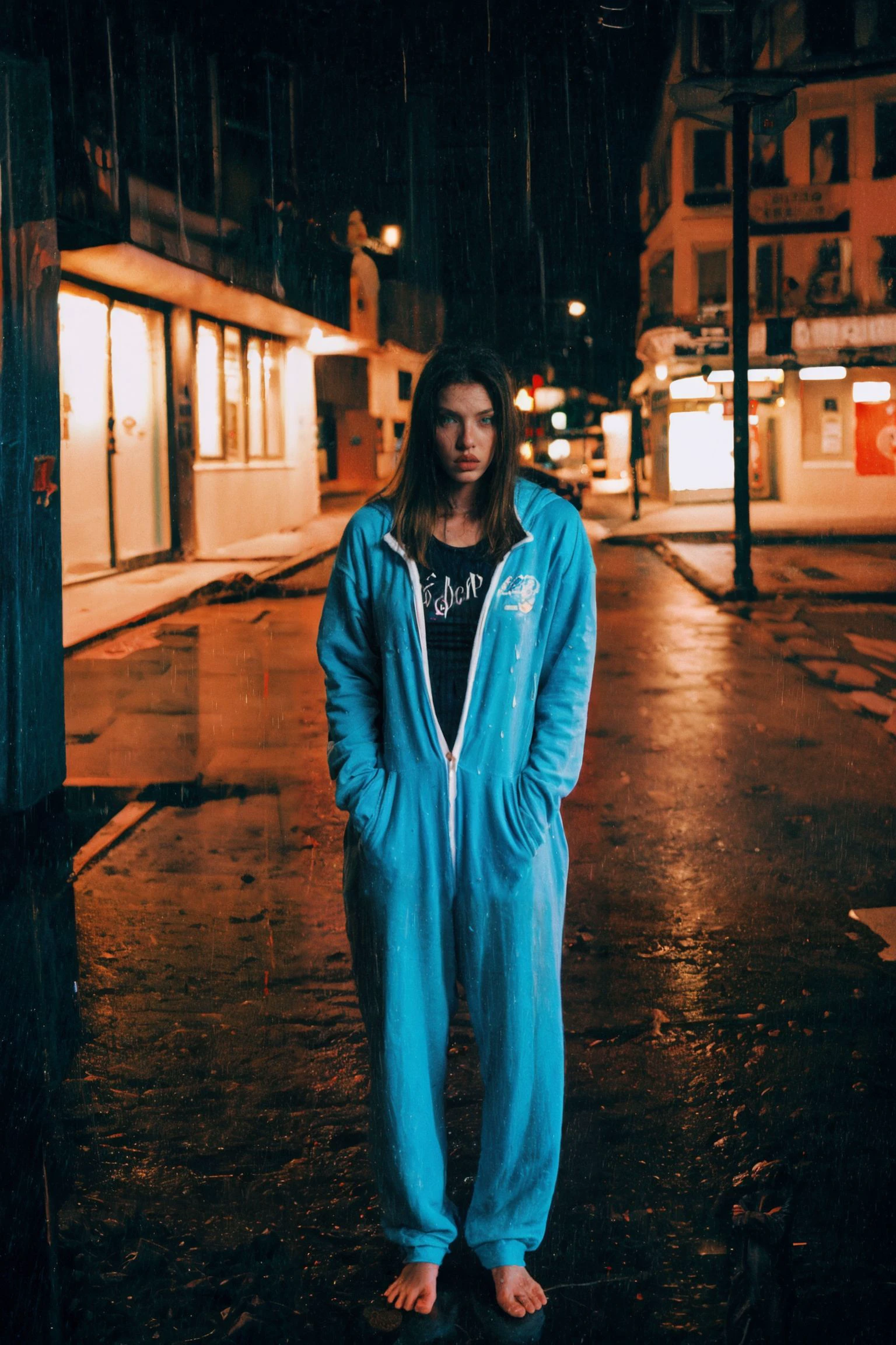 closeup disposable camera photograph of a girl wearing a onesie standing outside a closed corner shop at midnight in the rain, missbo, 1990s, (dark cinematic picture:1.1) <lora:missbo_v2-1.5base:1>  <lora:more_details:0.7>