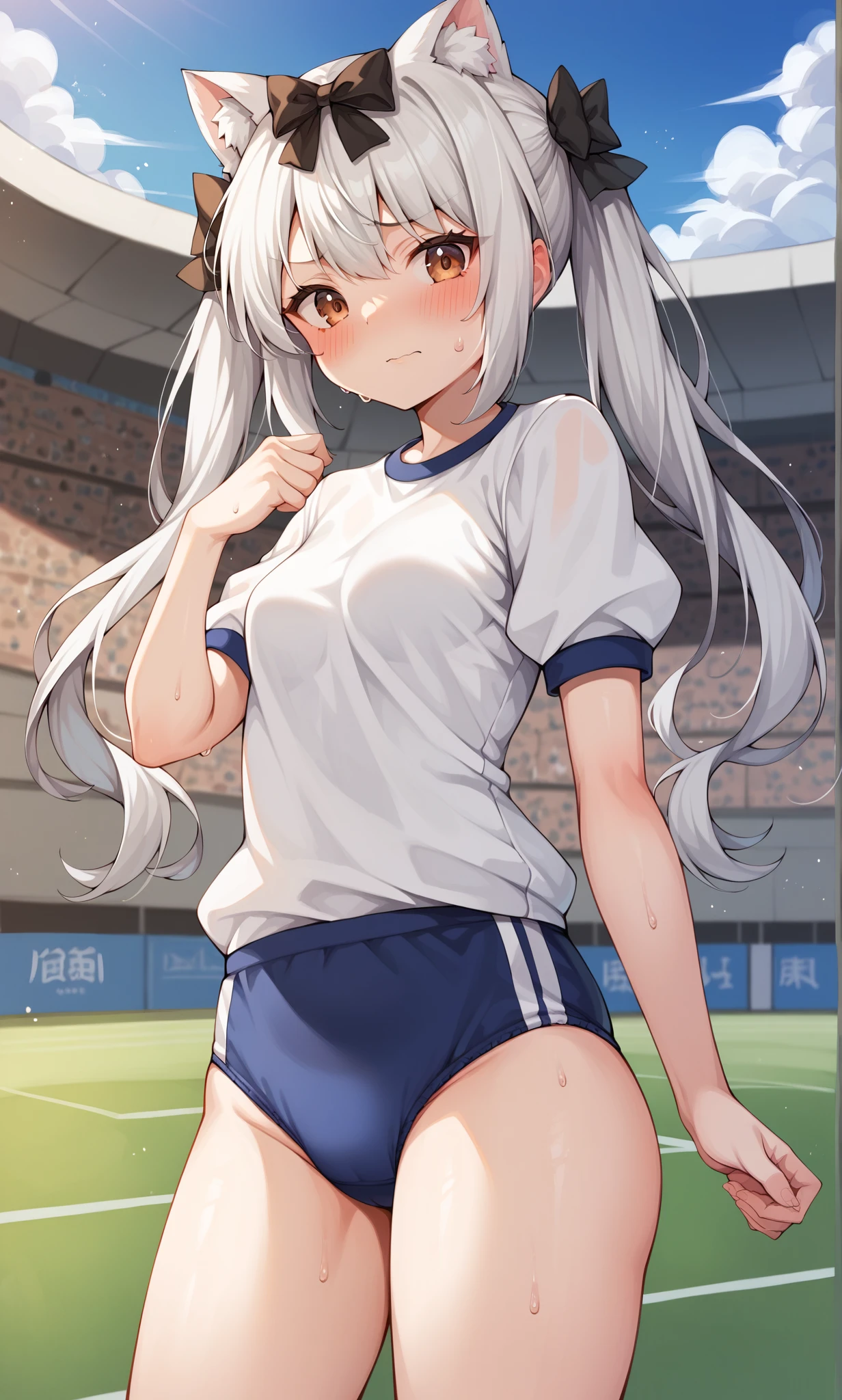 score_9, score_8_up, score_7_up, score_6_up, score_5_up, score_4_up, BREAK source_anime, 1girl, solo, outdoors, stadium, cowboy shot,, looking at viewer, yukikaze, brown eyes, cat ears, white hair, long hair, twintails, black bow, hair bow, arm ribbon, black ribbon, white shirt, short sleeves, gym uniform, buruma, shy, embarrassed, sweat