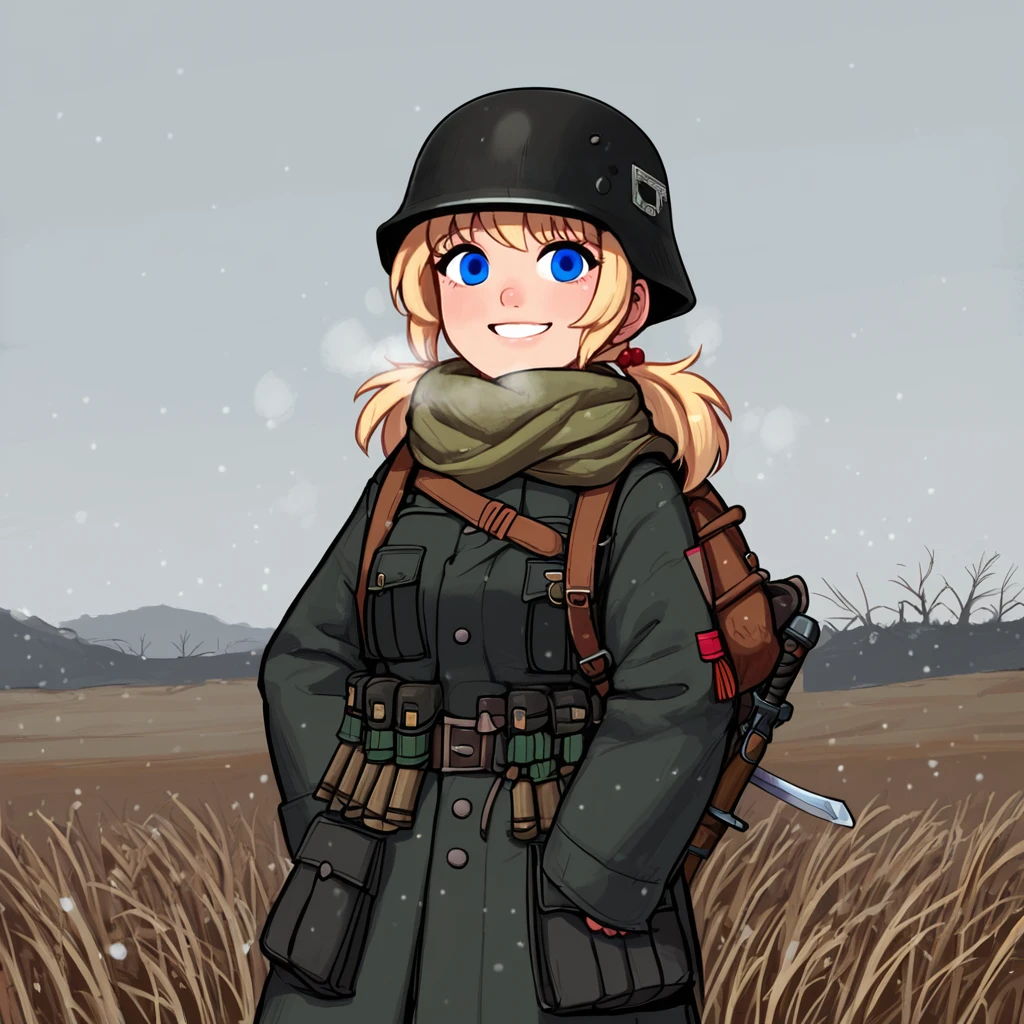 score_9, score_8_up, score_8_up,raw,
1girl, solo, (nsfw), standing, full shot, from front, twintails, blonde hair, brown hair, (blue eyes, nose, smile),
(black uniform:1.2), (black military uniform:1.2), ammunition pouch, (black helmet:1.2), armband, backpack, (holding sword:1.2),
snow covered field, scenic background, (snow:1.2), dark outside,
p4st3lg0r3, n30nc4t, wehr, <lora:p4st3lg0r3XLP:0.55>, <lora:n30nc4tXLP:0.35>, <lora:age_slider_v4:-1>, <lora:Wehrmacht_And_Officers__World_War_2:1>