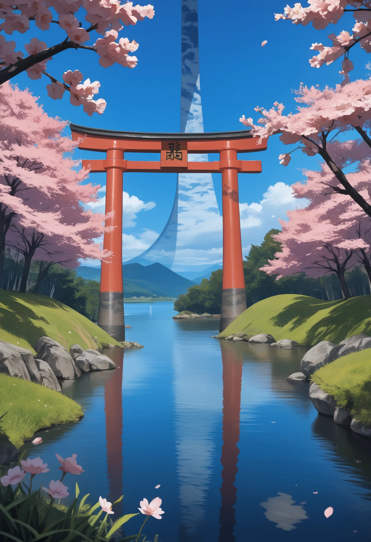 score_9, score_8_up, score_7_up, source_anime BREAK <lora:haloring-halo-richy-v1_pdxl:1> hlrng, horizon, cherry blossoms, sunlight, blue sky, torii, reflection, river