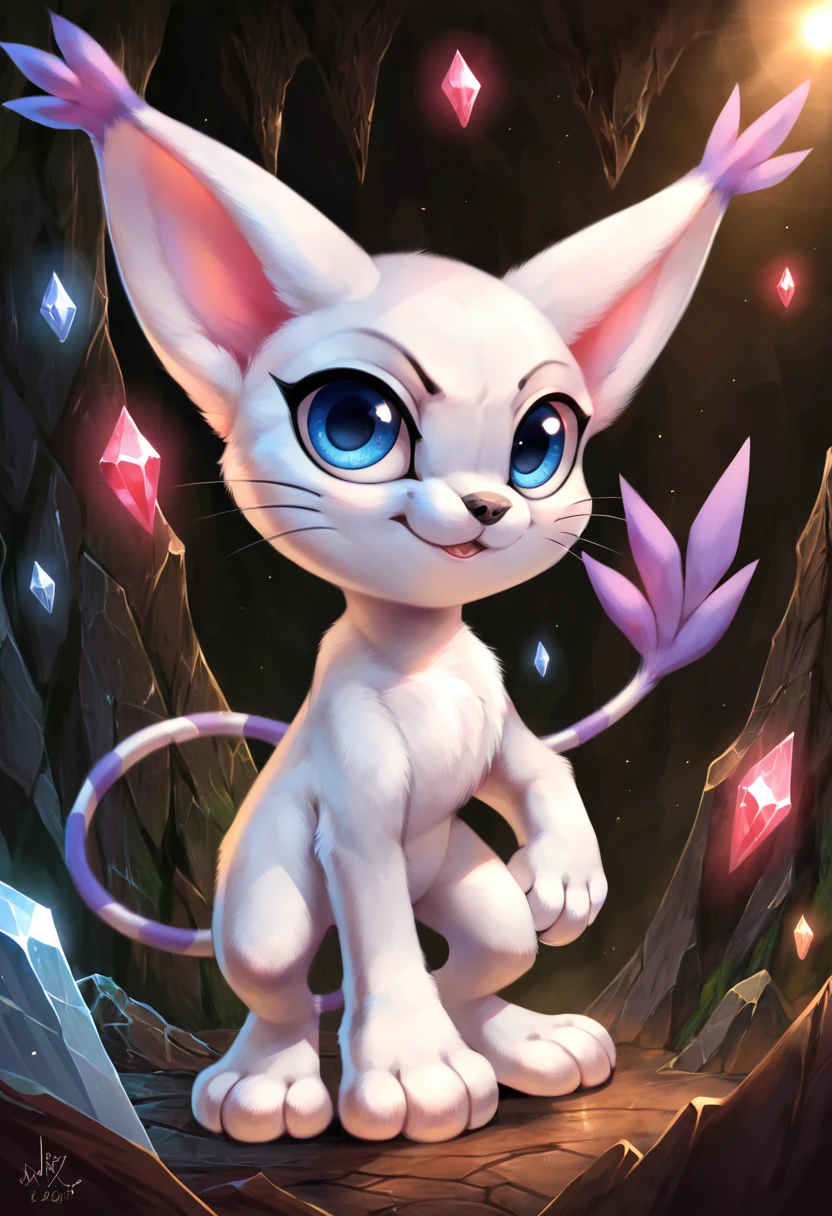 score_9,score_8_up,score_7_up,score_6_up,score_5_up,score_4_up,absurdres,masterpiece,outstanding,gatomon,digimon,feral, a photograph of gatomon standing, in a cave, cave, crystals, rock, blue eyes, feral,dof,bokeh