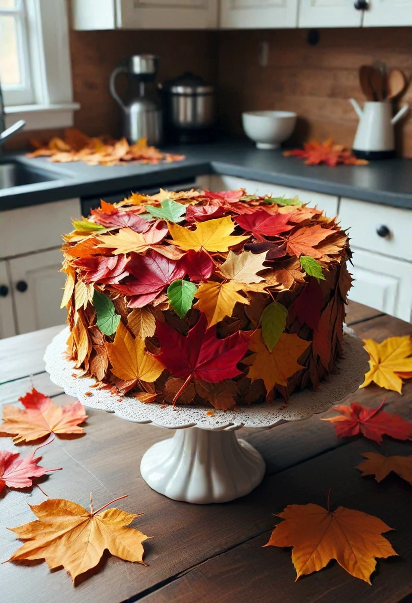 4UTUMNL34V3S, cake made of autumn leaves, set in a kitchen, ,Masterpiece,best quality, photo, realistic, very aesthetic