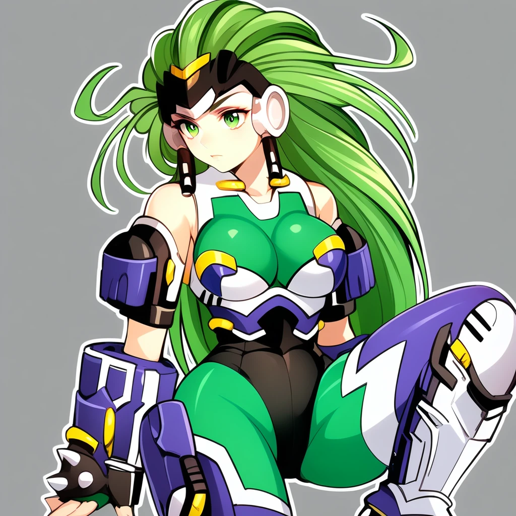 best quality, 1girl, android, green eyes, green hair, long hair, medium breast, spiked knuckles, high heels, green bodysuit, black leotard, boots, armor, bare shoulders, headgear, aschen brodel,