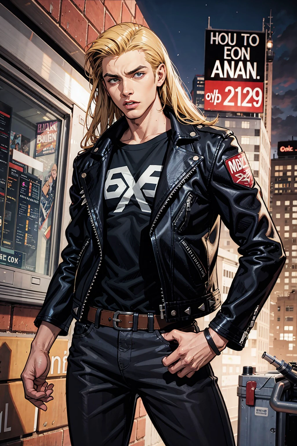 solo, long hair, blonde hair, 1boy, male focus, punk clothing, leather jacket, patches, clothes writing, spikes, shoulder spikes, in the style of jim lee, in the style of joe mad, in the style of andy kubert, art by artgerm,(zentangle, mandala, tangle, chaos, disorder, spider webs, entangle:0.6),,, art by Jim Lee and Andy Kubert, comic art style