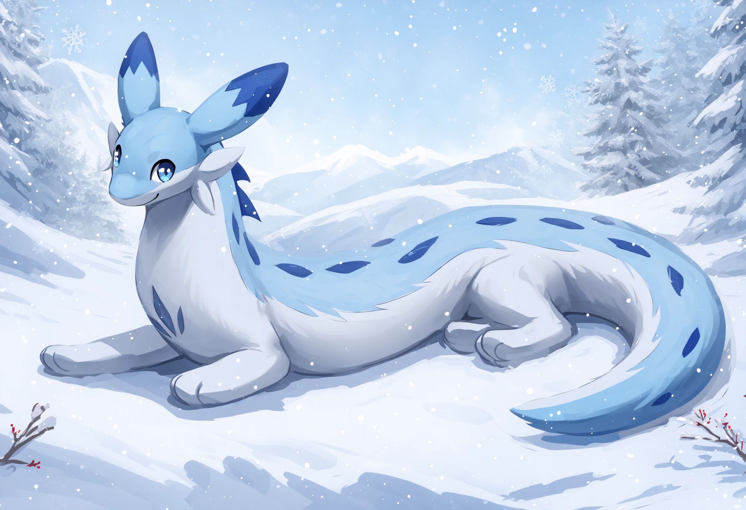 score_9, score_8_up, score_7_up, source_anime BREAK
winter background, snow, ice
Chillet_Palworld, feral, light blue fur, blue eyes, white underbelly, blue back spikes, blue chest markings, blue spots, blue-tipped ears, whiskers, long animal ears, long tail, lying, on stomach smile, looking at viewer, smile
detailed background, beautiful scenery
<lora:add-detail-xl:1>
 <lora:Chillet_Palworld:1>