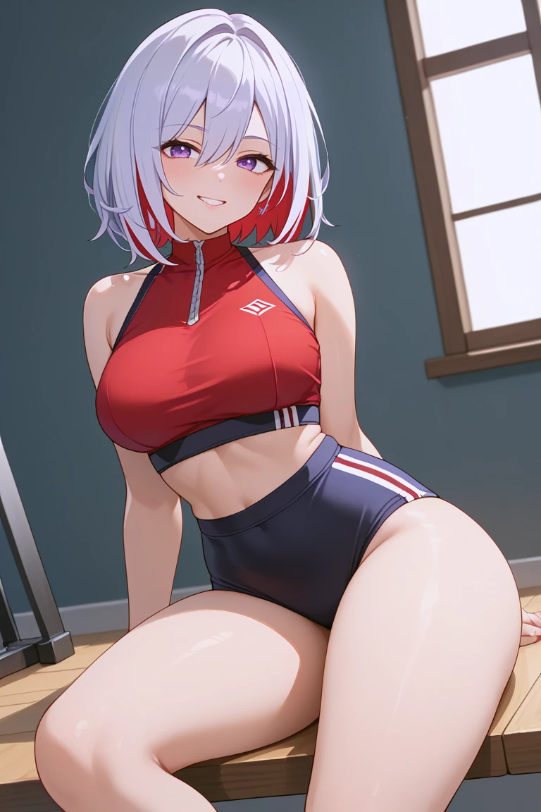 masterpiece,high quality,anime_source,score_9, score_8, best quality, high definition, highres, TopazBren, 1girl,purple eyes, white hair, mature female, blush, mole, two-tone hair, mole on thigh, medium hair, thighs, mole on breast,thicc, large thigs, sitting, bare, bare shoulders, bare thighs, medium breasts, smug, smile, :), gym clothes, black leggins, red crop top<lora:EMS-384508-EMS:0.500000>, <lora:EMS-430146-EMS:0.800000>