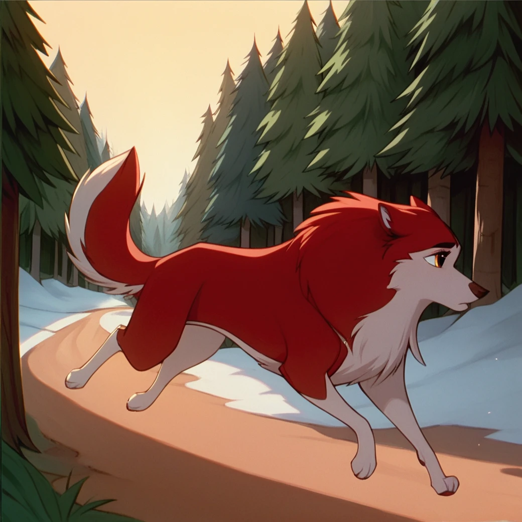 score_9, score_8_up, score_7_up, score_6_up, score_5_up, score_4_up, BREAK,  <lora:Jennabalto:1>, 1girl, jenna\(balto\), animal, solo, wolf, two tone fur, red fur, white fur, outside, running, trees, daytime, amber eyes,