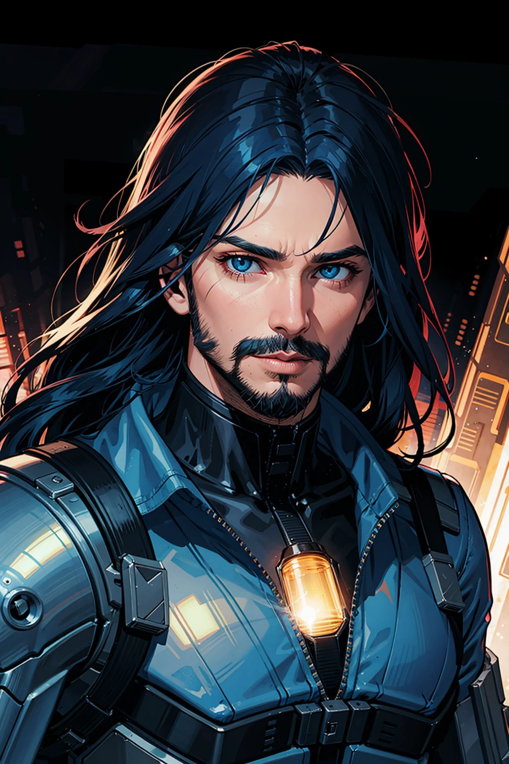 1boy, male focus, solo, facial hair, beard, blue hair, blue eyes, looking at viewer, long hair, blue hair, closed mouth, mustache, shirt, portrait, upper body, depth of field, standing in a spaceship, (cyberpunk), (lens flare, light leak, prismastic), close up, (sci-fi:1.5), shiny skin, (sidelighting), (volumetric lighting), art by Jim Lee and Andy Kubert, comic art style