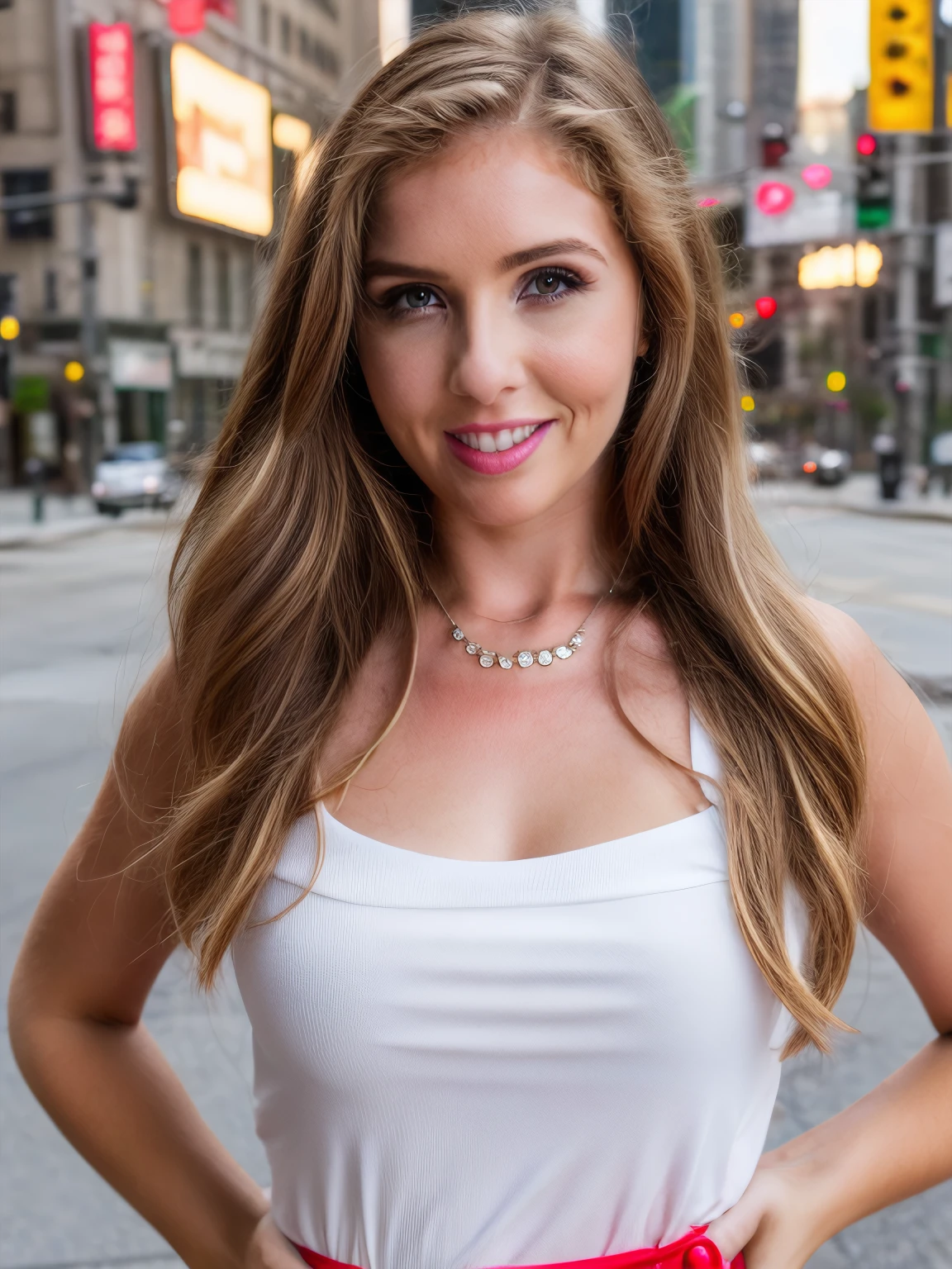 lenap, cinematic still, portrait, messy hair, necklace, makeup, smile, , white dress, surprise, hand on hip, (looking at viewer), parted lips, lip gloss, playful, ribbons in hair, <likenesshelpbyshurik3>:0.7, New York, <skinhairdetail>, Times Square