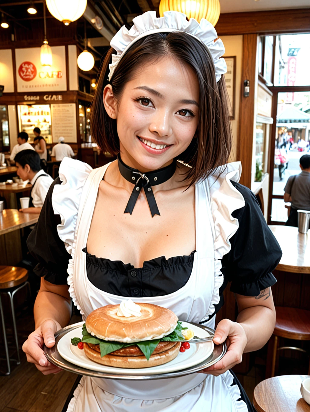 score_9, score_8_up, score_7_up,cowboy shot, 
cafe, 
japanese girl,maid, maid apron, 
seductive smile, holding tray, collar,