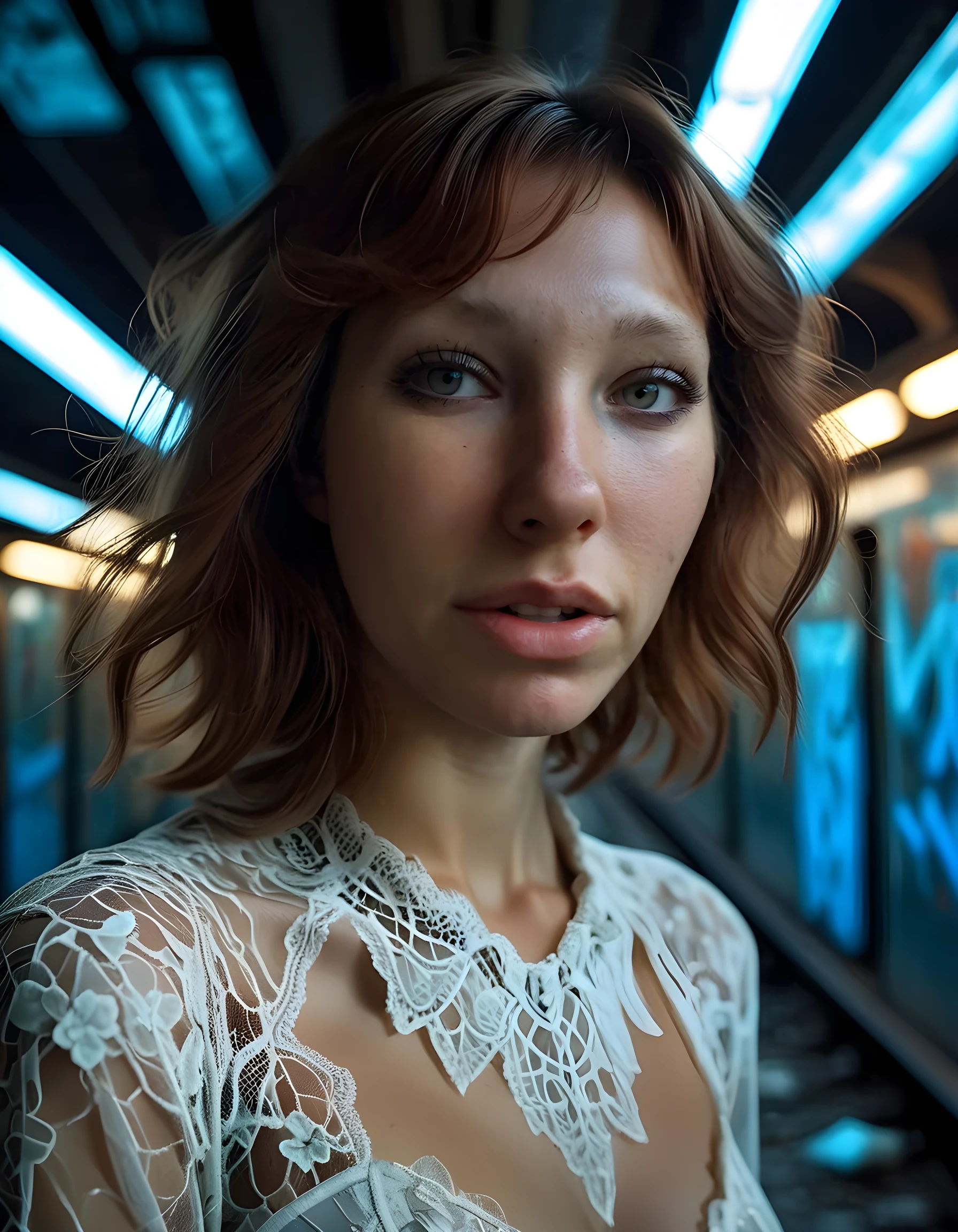 In a surrealist noir scene, the woman named M364NJ, with her striking brown eyes closed in deep introspection, is captured in a close-up portrait. Her unique outfit, a blend of vintage lace and futuristic metallic elements, creates a mesmerizing juxtaposition against the dimly lit, industrial backdrop of an abandoned subway station. The camera angles from below accentuates her enigmatic smile, her teeth glinting like pearls under the ethereal blue neon light filtering through broken glass and graffiti-marked walls, evoking a sense of mystery and intrigue.