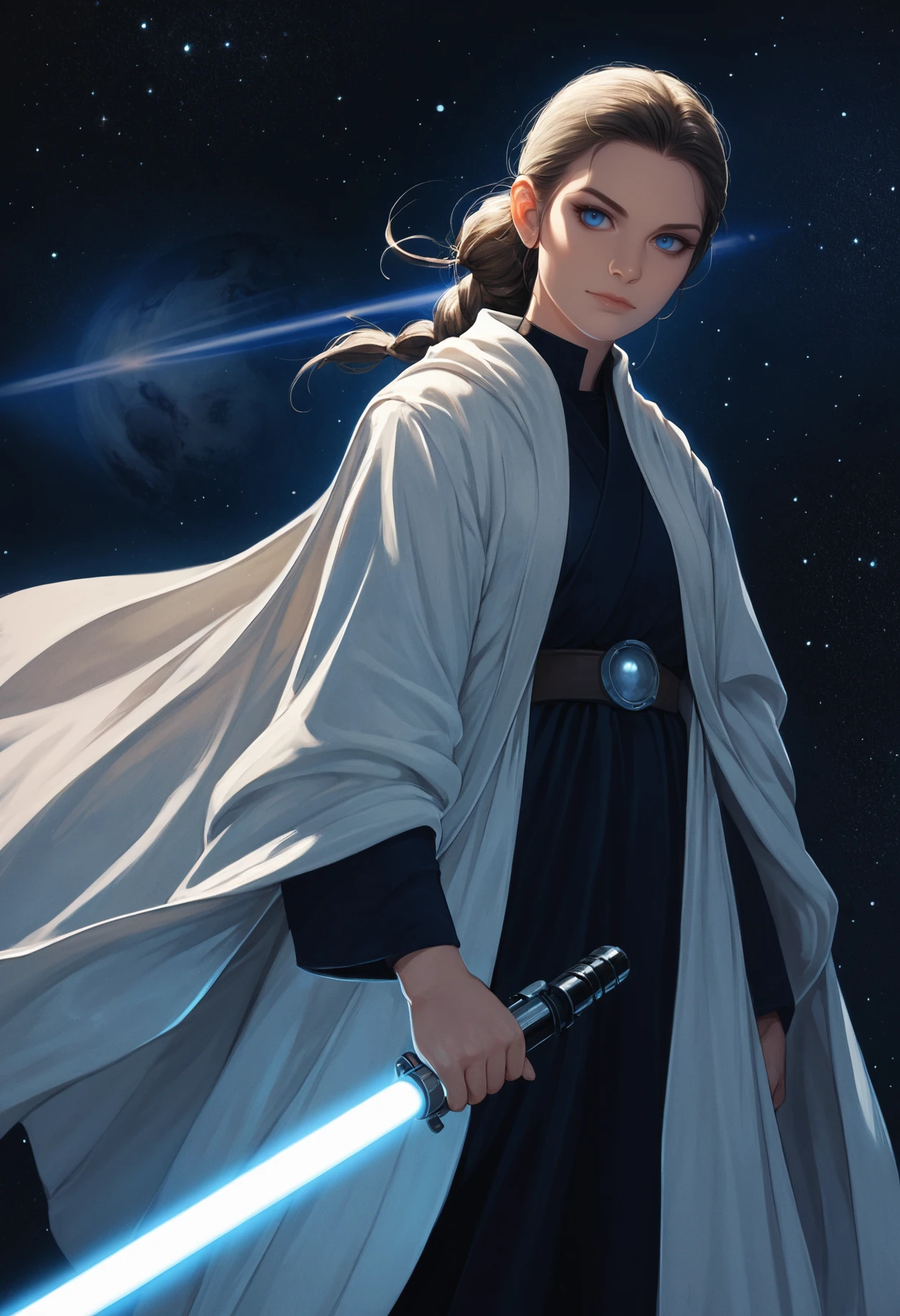 score_9_up, score_8_up, score_7_up, jedi, 1girl, blue eyes, holding lightsaber, robes, space, nebulae