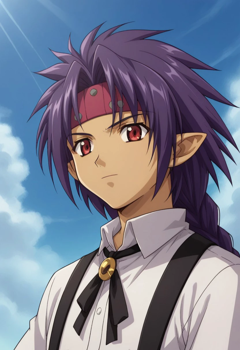 score_9, score_8_up, score_7_up, source_anime, highly detailed, 
chrono, solo, braid, 1boy, long hair, male focus, red eyes, upper body, headband, purple hair, single braid, pointy ears, shirt, white shirt, dark skin, dark-skinned male, black suspenders, ribbon, black ribbon, neck ribbon
outdoor, sky,