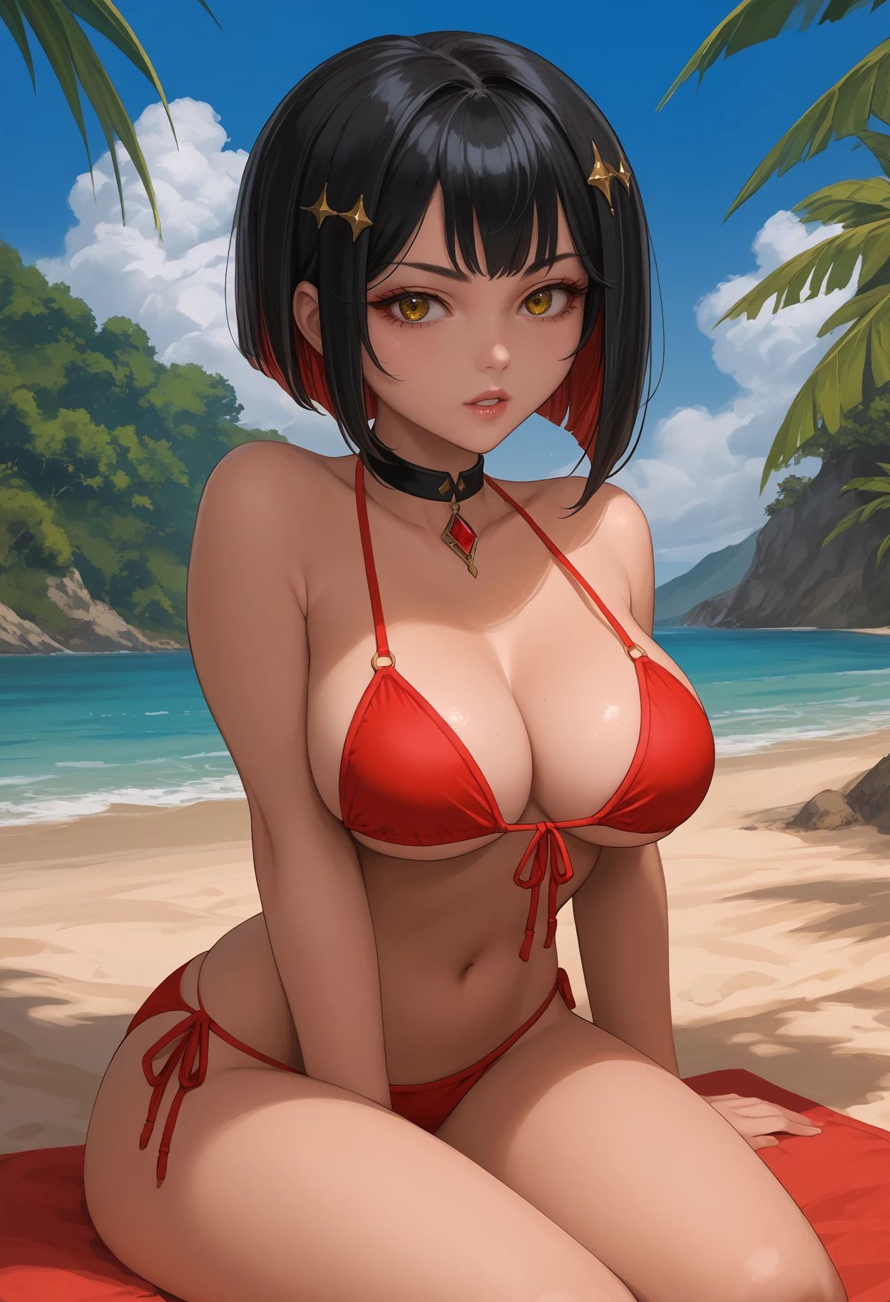 score_9, score_8_up, score_7_up, source_anime BREAK 1girl, solo, <lora:rouge-nikke-richy-v1_pdxl:0.9> rgnkk, yellow eyes, black hair, red hair, colored inner hair, short hair, hair ornament, large breasts, red bikini, parted lips, sitting, <lora:kittew-artist-richy-v1_pdxl:1> outdoors, beach, sunlight, blue sky, side-tie bikini bottom, thighs, black choker, bare arms