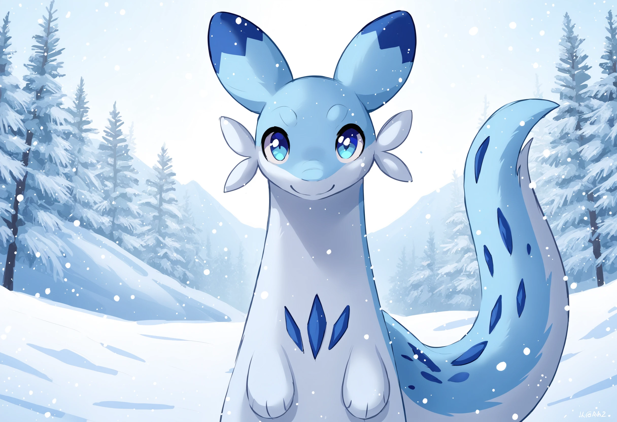 score_9, score_8_up, score_7_up, source_anime BREAK
winter background, snow, ice
Chillet_Palworld, feral, light blue fur, blue eyes, white underbelly, blue back spikes, blue chest markings, blue spots, blue-tipped ears, whiskers, long animal ears, long tail, 
standing, looking at viewer, smile, (facing viewer:1.3), head tilt
detailed background, beautiful scenery
<lora:add-detail-xl:1>
 <lora:Chillet_Palworld:1>