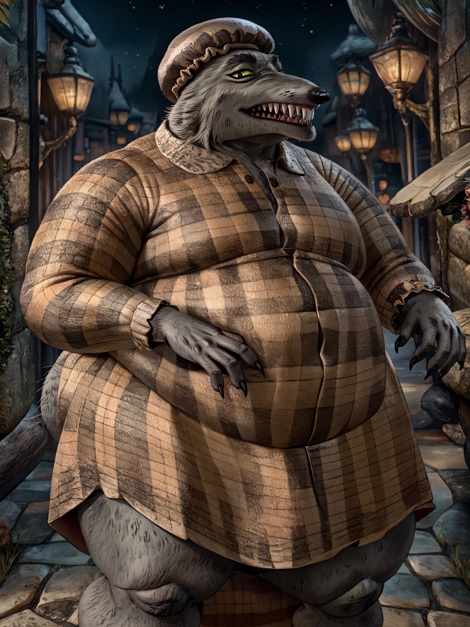 wolfman, anthro, werewolf, green sclera, (black pupils:1.2),looking at viewer, solo focus, fangs, sharp teeth, werewolf ears, detailed bulge, (plaid clothing, nightgown, bonnet, long dress:1.2)
(grey fur:1.2),[(morbidly obese:1.2, neck rolls:1.1, big belly, double chin, moobs, flabby, love handles, muffintop, fat rolls, squishy:1.1, plump, hyper butt:1.2, hyper thighs:1.1, fluffy)], standing night BREAK (best quality, high quality:1.4) 8k hd, best quality, highly detailed, (by quanjiang, by kikurage, by smileeeeeee,by honovy,by oystercatcher7:1.2, by nomax:1.0), (absurd res:1.2)
<lora:SD15\Characters\Wolfman (the Nightmare Before Christmas)_V1 - FRLionE200SNRE173\Wolfman (the Nightmare Before Christmas)_V1 - FRLionE200SNRE173:0.8><lora:SD15\Characters\Big Bad Wolf (Shrek)_V3 - FRLionE200SNRE173\Big Bad Wolf (Shrek)_V3 - FRLionE200SNRE173:0.8>