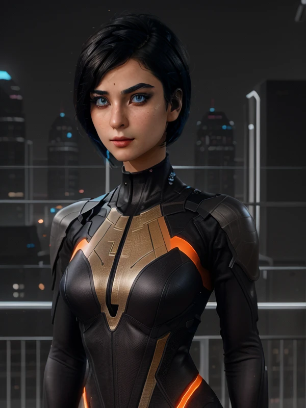 (Kira)+, (best quality:1.5) young female, short black one side oriented hair, blue glowing eyes, black bodysuit with orange lines, classic kira appearance, correct suit, focus on face, epic city scenery, best quality, high resolution, highly detailed, realistic, photo, correct proportions, detailed drawn face, (correct eyes)++, (perfectly drawn eyes),  <lora:kira:0.9>