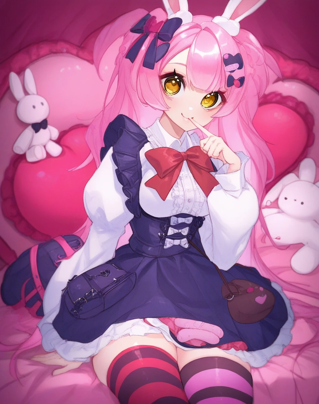 ( 4 diferent girls having sex),4 Girls with pink hair, long twintail hairstyle, ((small bushy eyebrows)), wearing gothic lolita clothing, lolicon , walking to school, flirty smile,, walking to school, bored look, bored face,, (sitting with legs open lifting her skirt to show her vagina wet with semen),1 boy having sex with the girls, scaried young boy