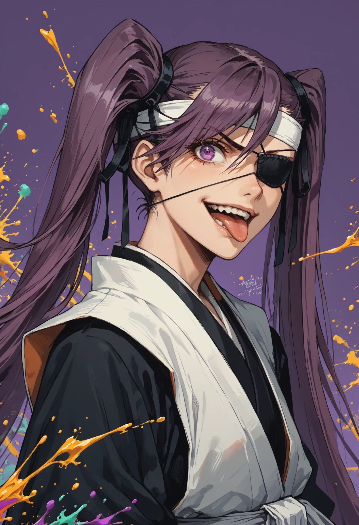 score_9, score_8_up, score_7_up, 1girl, portrait, looking at viewer, smiling, tongue out, open mouth, frown, eyepatch, white headband, white haori, black kimono, purple background, paint splatter, from side, <lora:ryth-saito-furoufushi:0.9>, saito_furoufushi, <lora:Neon_Splash_Art_for_Pony:0.5> mad-cbrpnksplshrt