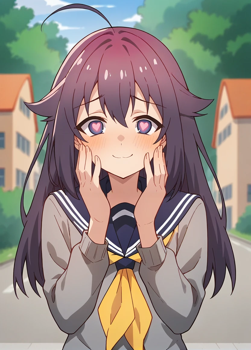 score_9, score_8_up, score_7_up, source_anime, masterpiece, 1girl, ct_ank0, grey sweater, blue sailor collar, yellow neckerchief, puffy sleeves, blue miniskirt, outdoors, city, depth of field, looking at viewer, hands on own face, heart-shaped pupils, blush, smile, <lora:Anko_Koshi_Pony_ct:1>