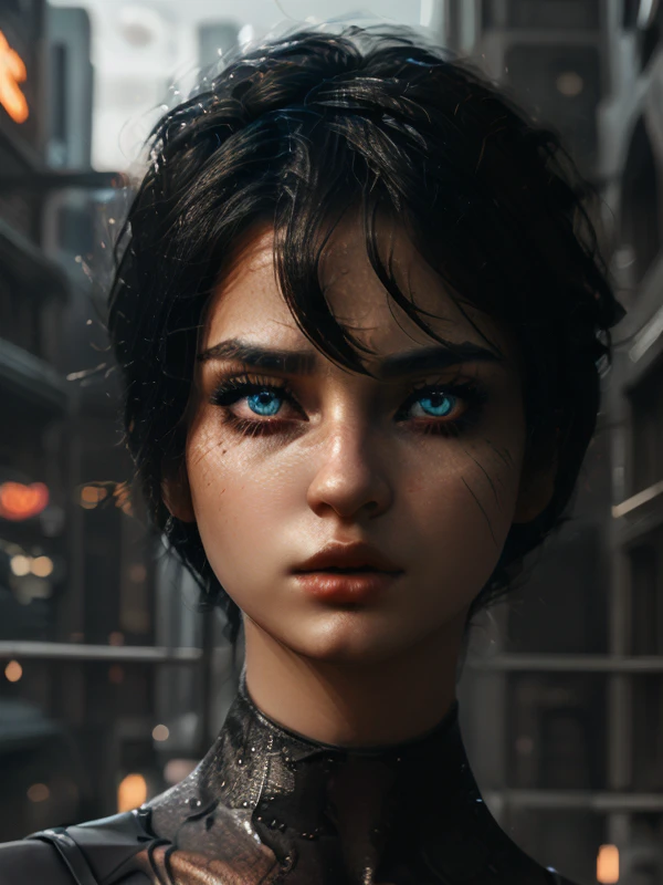 (Kira)+, (best quality:1.5) young female, woman, short black one side oriented hair, blue glowing eyes, black bodysuit with orange lines, classic kira appearance, (correct suit)++, closeup, focus on face, epic city scenery, best quality, high resolution, highly detailed, realistic, photo, correct proportions, detailed drawn face, (correct eyes)++, (perfectly drawn eyes),  <lora:kira:0.9> <lora:CineStyle5:0.8> 111cine8matic55 <lora:epi_noiseoffset2:0.8> <lora:furthermoreV9:0.8> <lora:lora_perfecteyes_v1_from_v1_160:0.8> photo of perfecteyes eyes, perfecteyes eyes