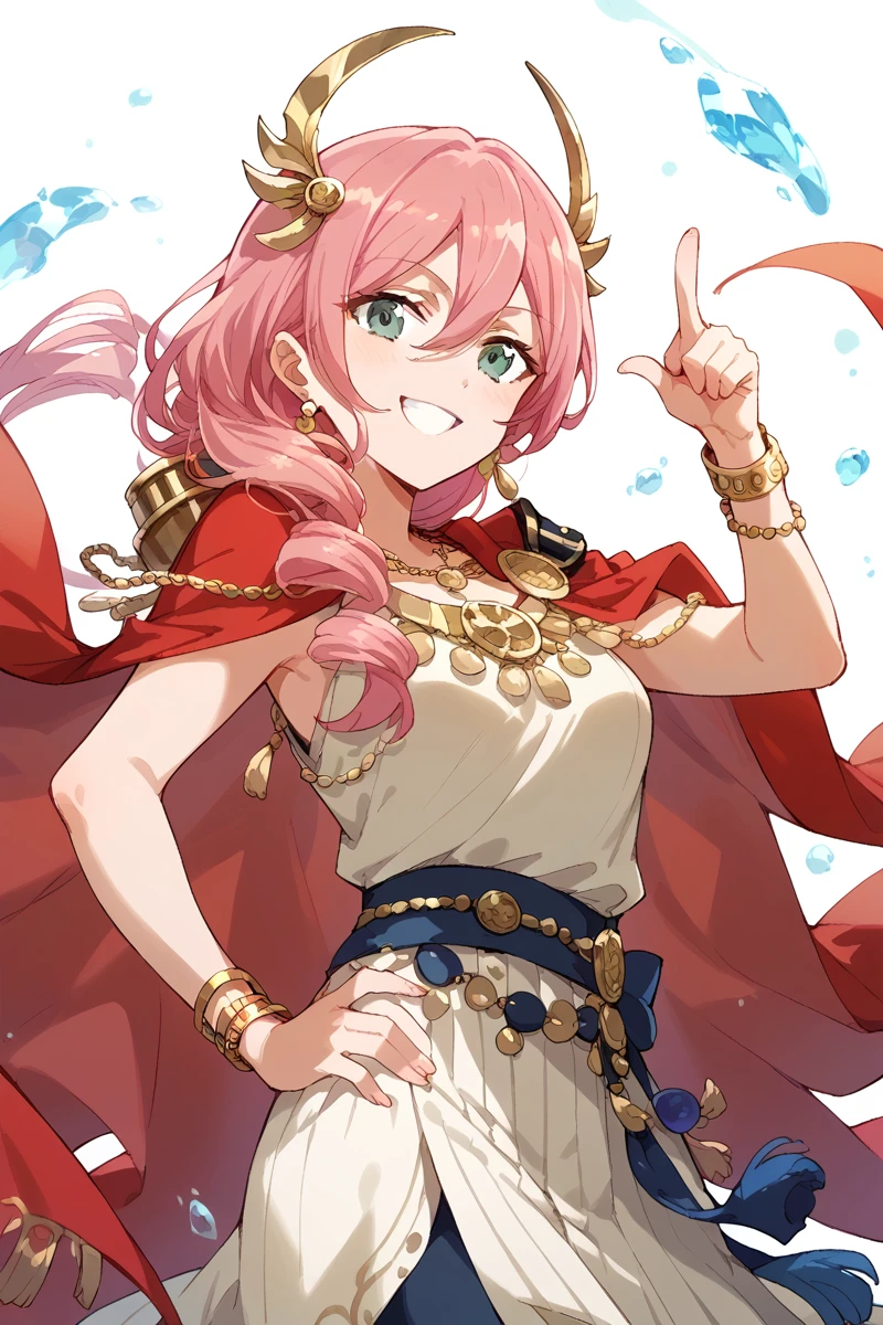 score_9, score_8_up, score_7_up, score_6_up, 1girl,
<lora:Yachiyo_Tsuruhime:0.9> yachiyo, pink hair, solo, smile, long hair, jewelry, hair ornament, bracelet, pointing, hair over shoulder, hand on hip, dress, red cape, hair between eyes, caesar, toga