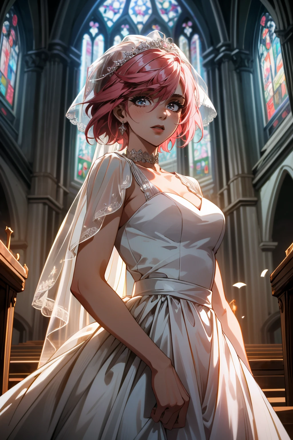 ((ultra detailed, masterpiece, absurdres))
<lora:ALVi:0.8>
ALVi, 1girl, pink hair, short hair, looking at viewer, wearing a wedding dress, bridal veil, inside a church