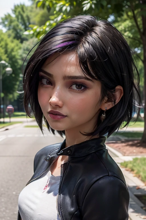 A stunning and intricate full color portrait in Ultra-HD, girl, short multicolored hair, brown eyes, detailed face, dressed in a short black jacket, raised sleeves, jewelry, epic character composition, alessio albi. nina masic, sharp focus, natural lighting, subsurface dispersion, f2, 35mm<lora:EMS-383051-EMS:1.000000>