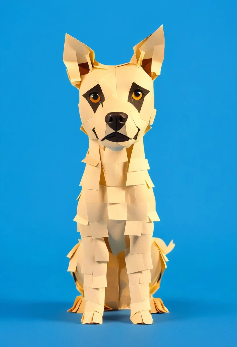 endposit_notesmorph,  paper sticky notes, full body, dog, blue background, simple background, paper sticky notes, made from 3m post it notes, post it notes,looking at viewer, solo, animal focus, black eyes, no humans, animal