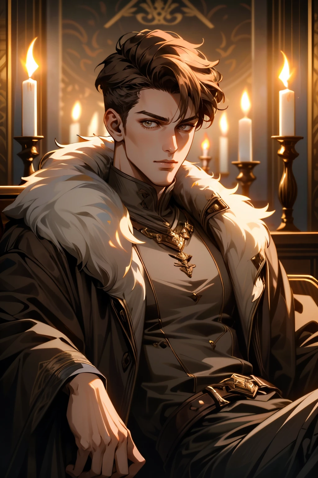 ((ultra detailed, masterpiece, absurdres))
 <lora:DAIMaleMain:0.8>
DAIMaleMain, 1boy, short hair, brown hair, looking at viewer, reclining on a luxurious fur rug, with candlelight casting a warm glow