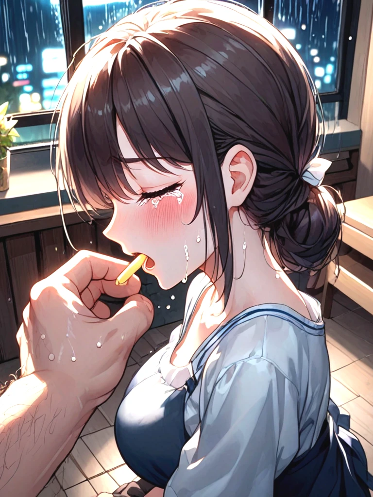 source_anime, soggy fries, pov hands, open mouth, feeding, crying, fear, tears, night, out of frame, 1boy, 1girl, sweat, shy, blush, slim figure, indoors, from above, (from side), ((profile)), milf, updo, thin waist, kneeling, motion lines, <lora:girlhatesoggyfries_pony:1>